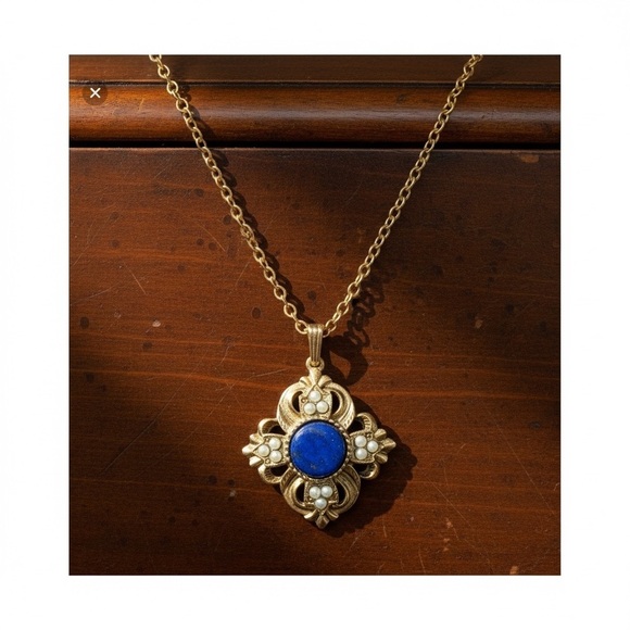 Avon Jewelry - Vintage AVON Viennese Collection Victoria Lapis Blue Necklace Gold Toned Pendant